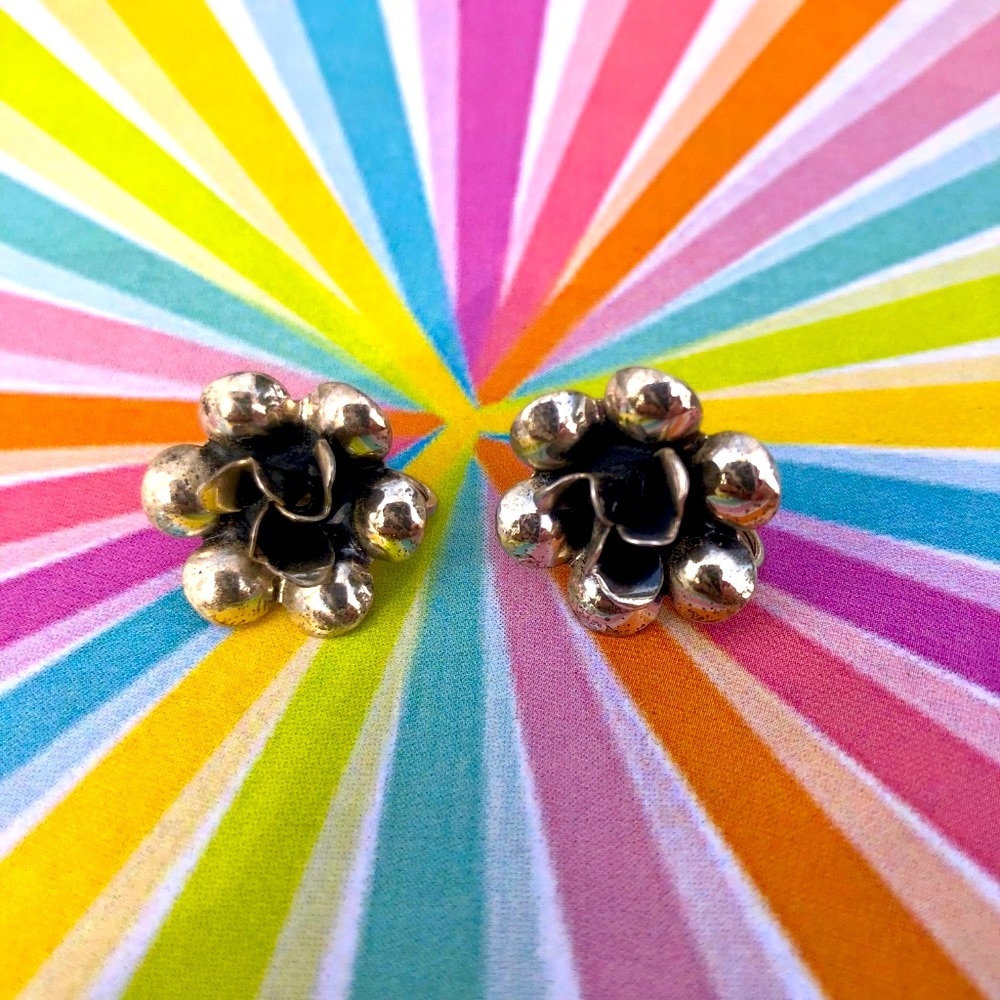 Vintage sterling silver rose screw back earrings 1950s pinup